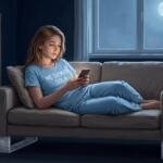 Ilustración nocturna de una joven de cabello castaño claro, en piyama azul cielo con una camiseta que dice «Me siento sola», que llora en silencio mientras mira su teléfono, recostada en un sofá cuyas patas son bloques de silicio con circuitos. Al fondo, una ventana con luna llena y la habitación en penumbra azul; el rostro iluminado por la pantalla del celular.