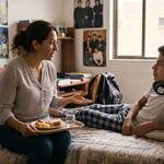Una madre sentada al borde de la cama de su hijo adolescente, con una bandeja de comida en el regazo, le habla mientras él la mira.