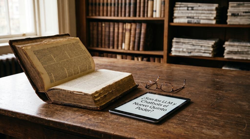 Libro antiguo abierto en una mesa de biblioteca junto a una tableta que pregunta si los LLM son el quinto poder.