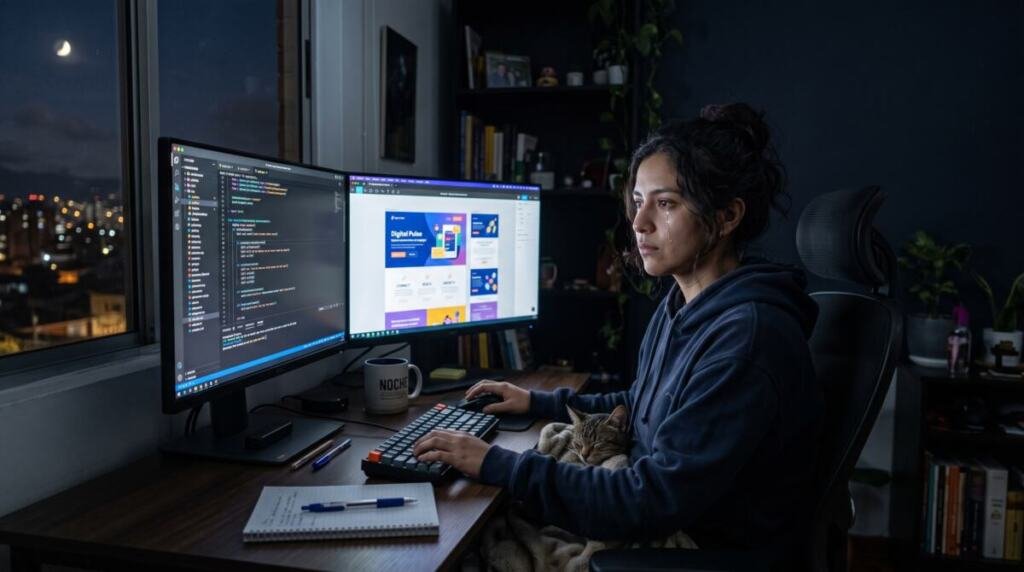 Mujer joven trabaja de noche ante dos monitores con código y un sitio web; luna en la ventana y gato en brazos. Imagen generada por Gemini AI