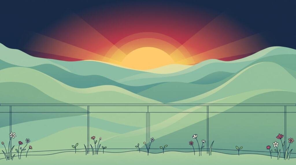 Ilustración de un amanecer sobre colinas verdes, con una baranda delgada y flores que crecen a su pie.
