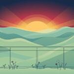 Ilustración de un amanecer sobre colinas verdes, con una baranda delgada y flores que crecen a su pie.