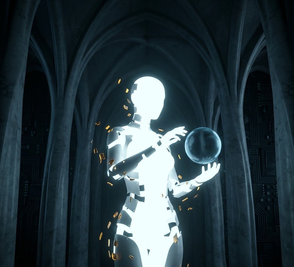 Figura luminosa sostiene una esfera dentro de una catedral de silicio.