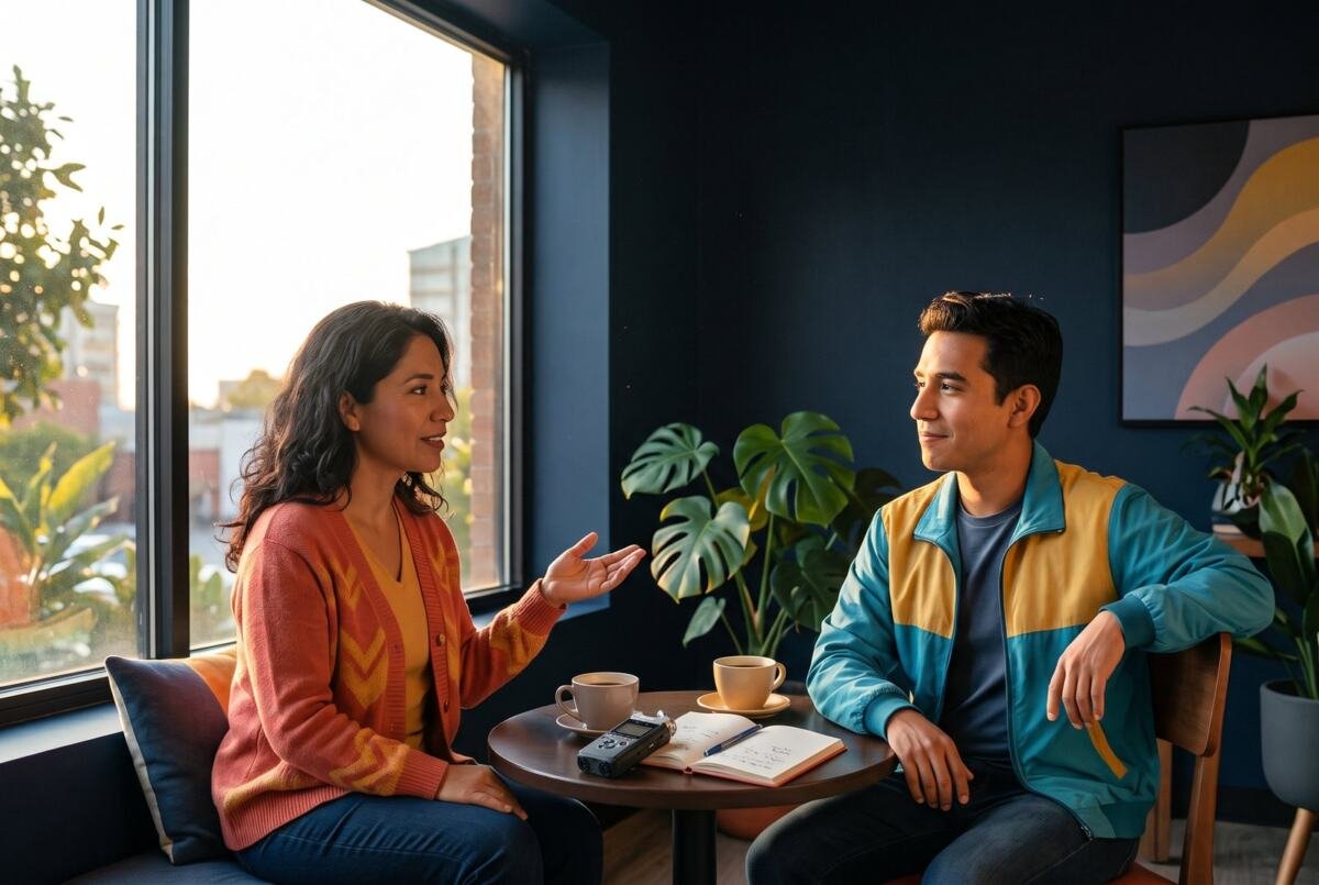 Una periodista entrevista a una mujer en un café con una grabadora sobre la mesa. Imagen generada con inteligencia artificial.