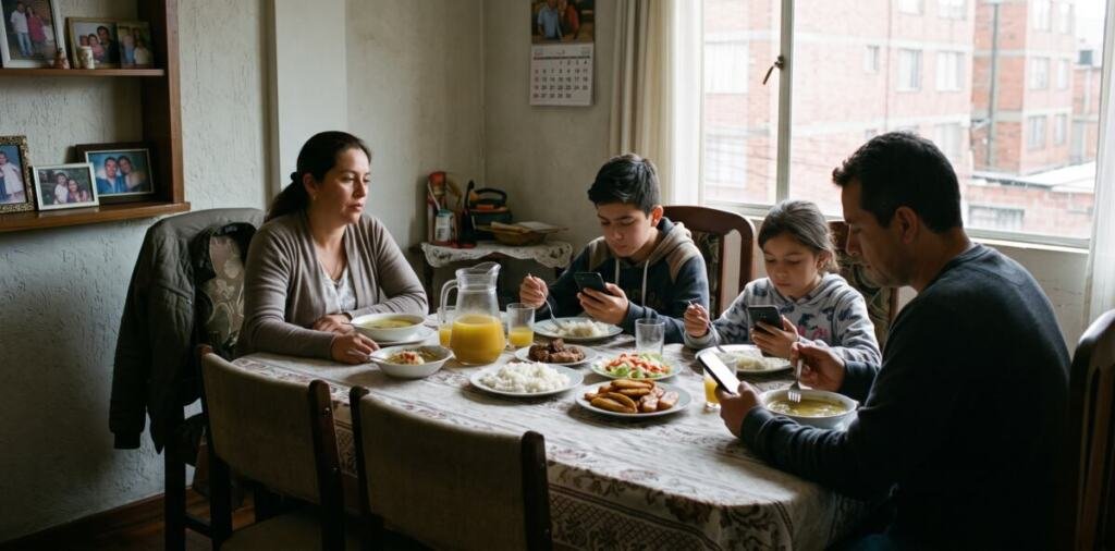 Familia en el almuerzo: el padre y los dos hijos miran el celular mientras la madre los observa