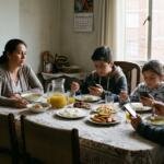 Familia en el almuerzo: el padre y los dos hijos miran el celular mientras la madre los observa